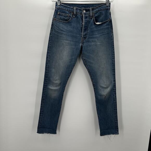 Levis 501 Jeans Womens 26 Blue Skinny High Rise Raw Hem Button Fly Ripped Knee - Picture 1 of 16